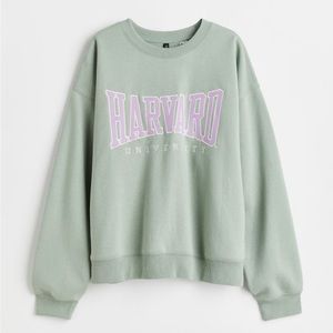 H&M printed sweatshirt, Harvard University, green & purple, size XS